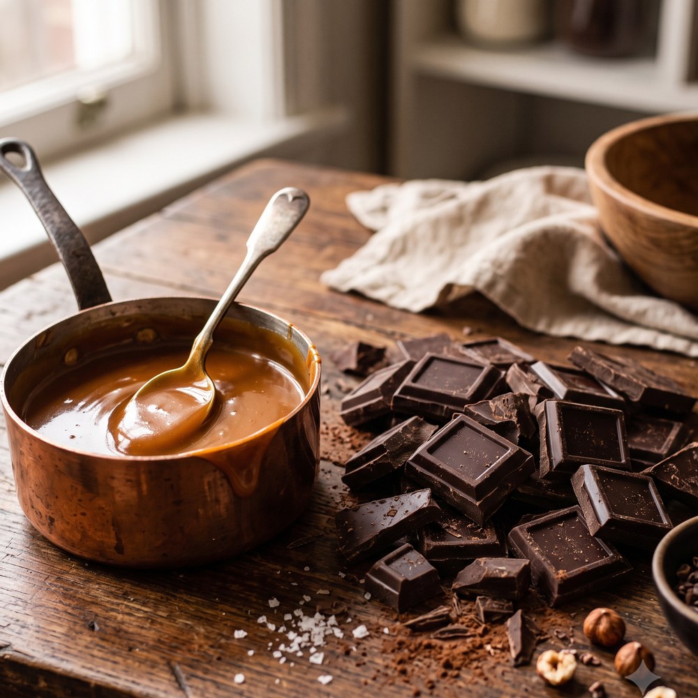 Caramel fondu dans une casserole en cuivre et carrés de chocolat noir