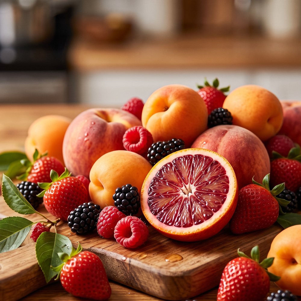 Pêches, abricots, fraises, framboises, mûres et orange sanguine sur une planche en bois