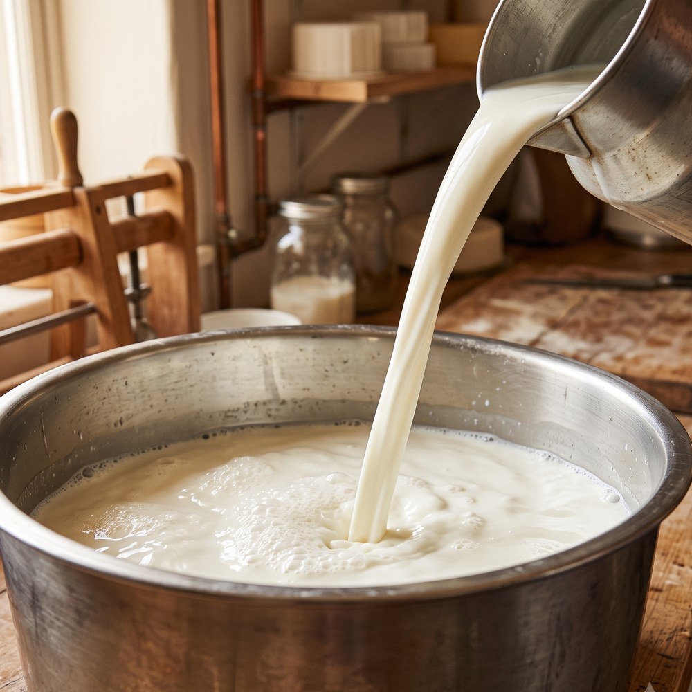 Du lait frais versé dans une grande cuve en inox